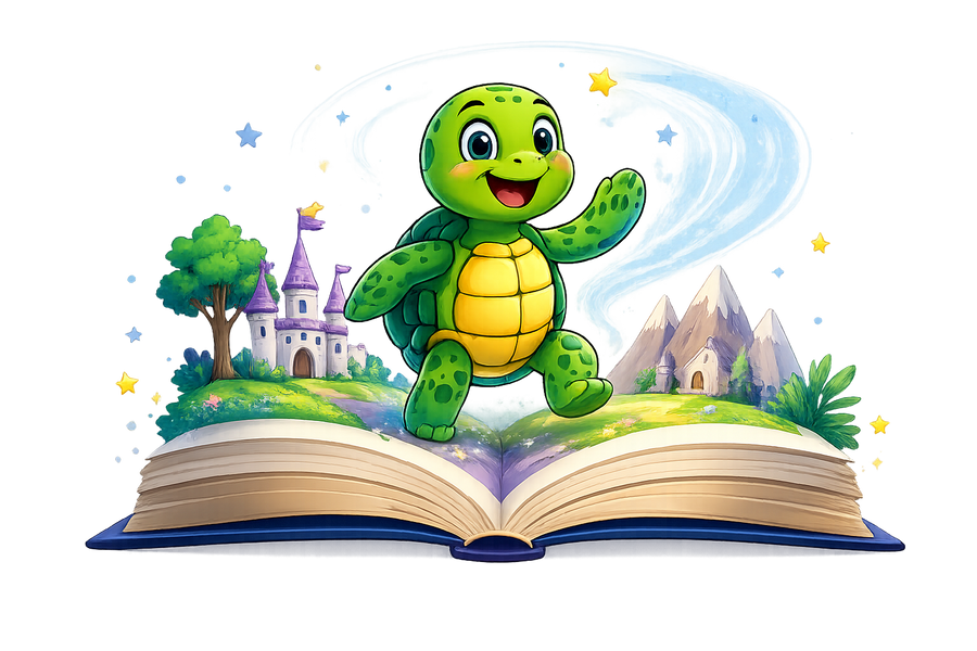 RoRo the sea turtle standing on a magical open book