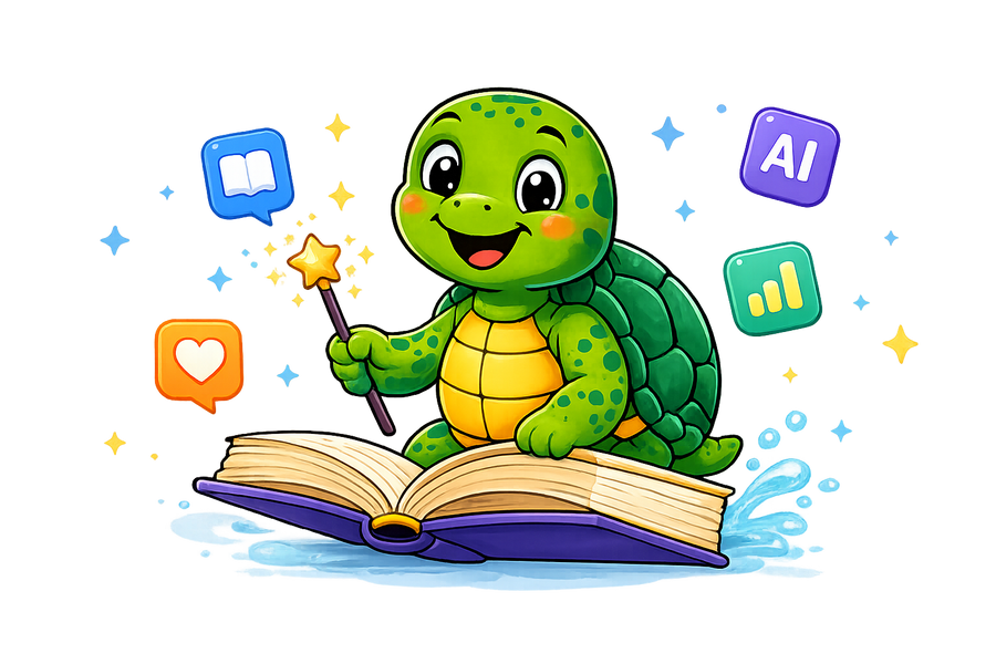 RoRo the sea turtle with magical learning icons